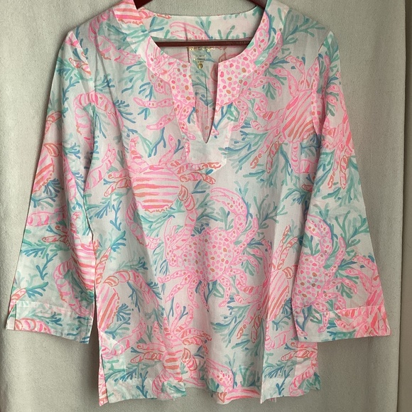 Tunique Lilly Pulitzer AMELIA ISLAND Taille XS - Neuf Avec étiquettes - Brodée Perles Bleu Et Blanc